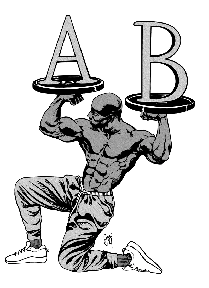 Ink illustration: Antony Bessala kneeling and lifting the letters A and B on barbell plates, the drawing behind his logo