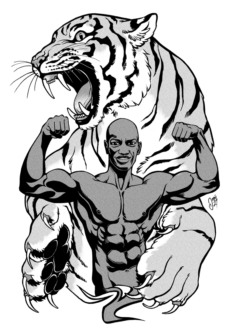 Ink illustration: Antony Bessala flexing in front of a roaring tiger
